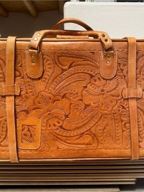 Embossed Tooled Leather Travel Bag in Tan